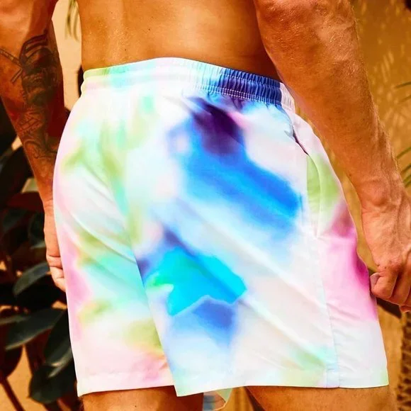 Multicolor Vacation Mens Tie Dye Drawstring Waist Swim Trunks - Picture 2 of 5